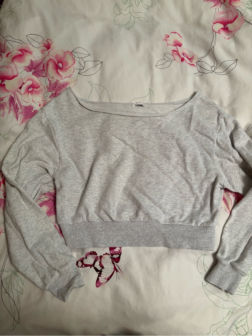 Light Gray Cropped Off the Shoulder Sweatshirt -  Women Tops